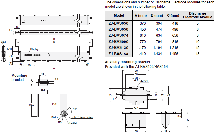 ZJ-BAS Ionizer (Digital Bar Type)/Dimensions | OMRON Industrial