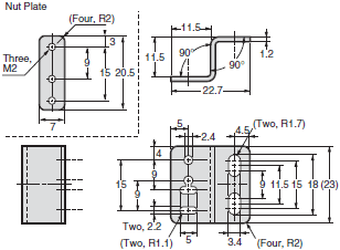 E39-L / -S / -R Mounting Brackets, Slits, Reflectors/Dimensions