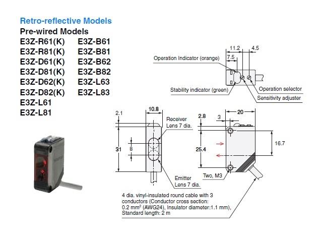 本物 オムロン E3Z-D62 2M アンプ内蔵形光電センサ 小型 拡散反射形