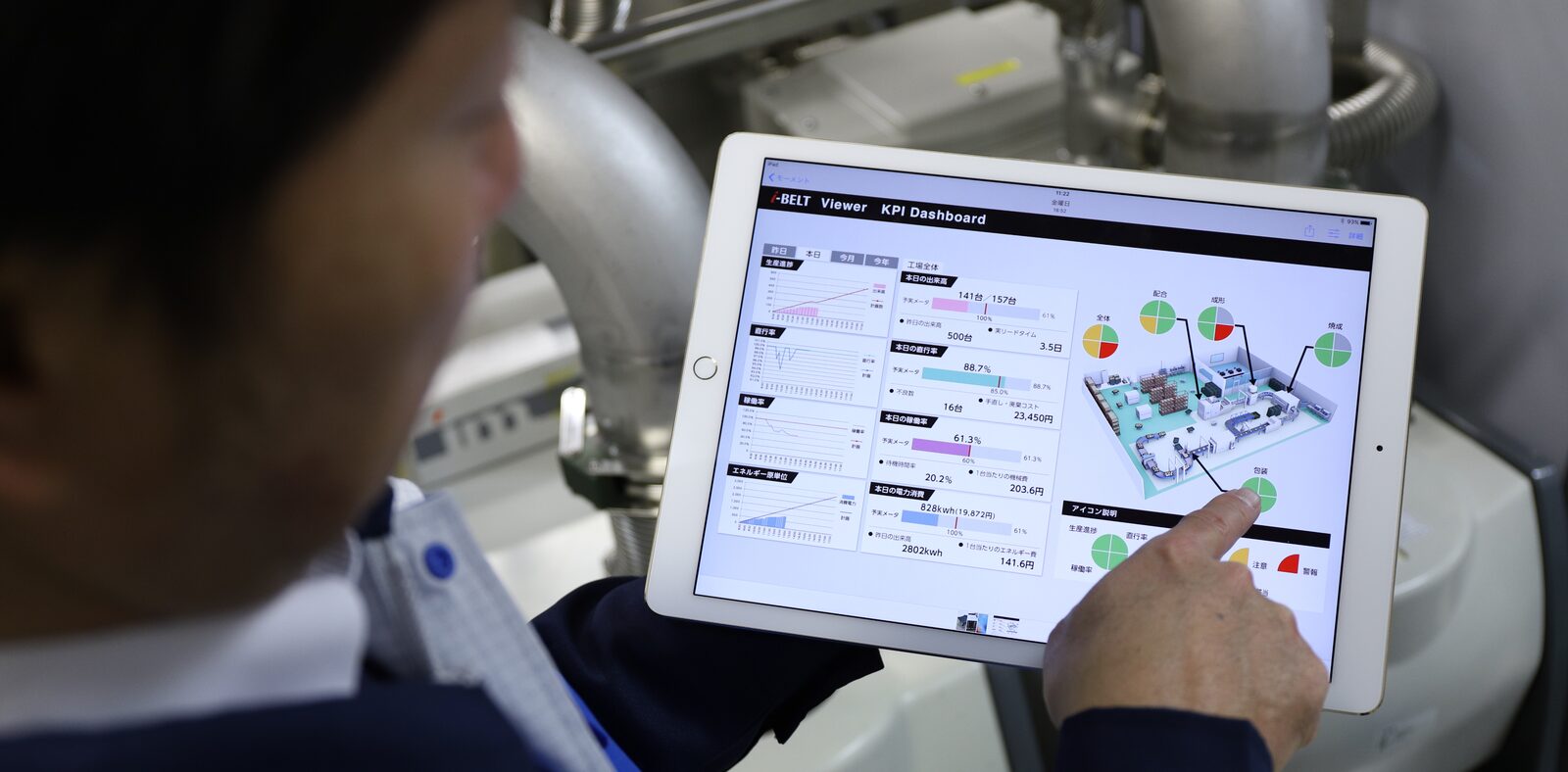 Checking the i-BELT Viewer KPI Dashboard on the factory floor